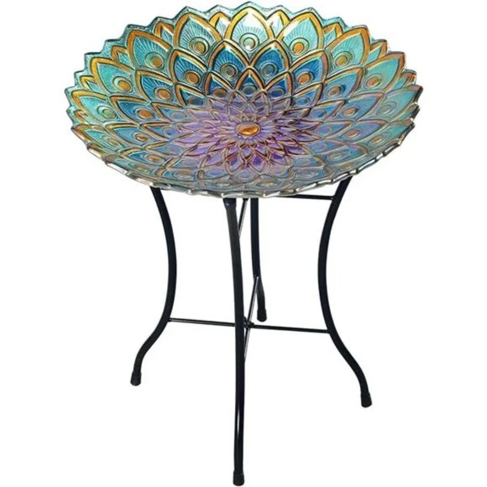 Handpainted Mosaic FlowerFusion Glass Pedestal BirdBath for Outdoor Patio Garden